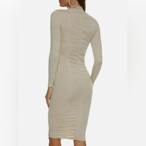 RUCHED CAPPED NECK LONG SLEEVE MIDI DRESS - Picture 4 of 13
